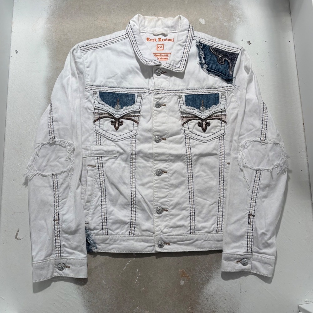Rock Revival Mens White Distressed Denim Jacket XXL Fleur De Lis Trucker